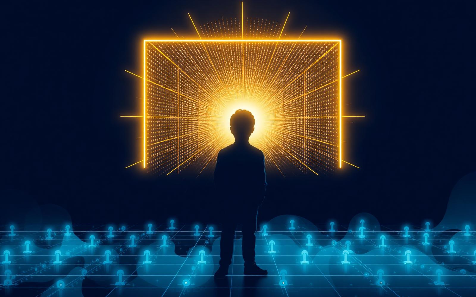 Editorial illustration of a dissolving perimeter around an identity silhouette, replaced by a lattice of continuous verification checkpoints